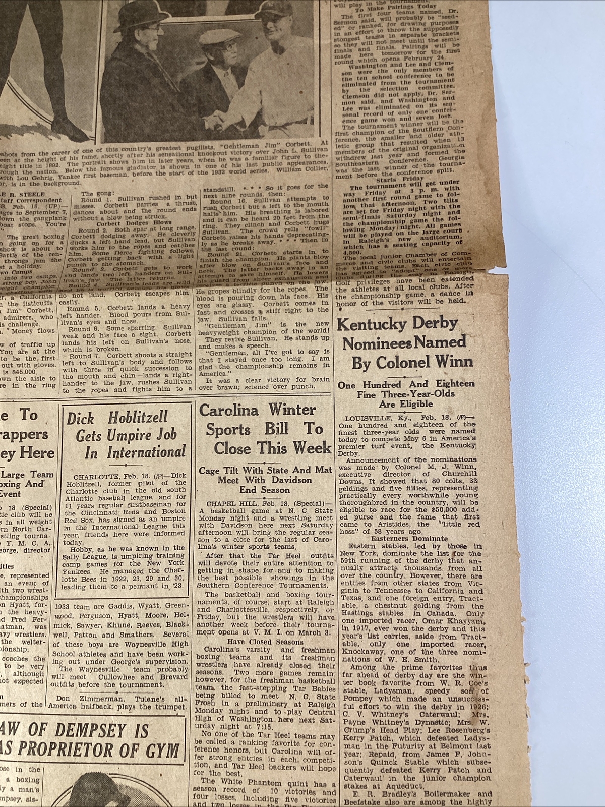 Ashville NC Newspaper Feb 19, 1933 Boxer Jim Corbett Dempsey Lou Gehrig Haverty