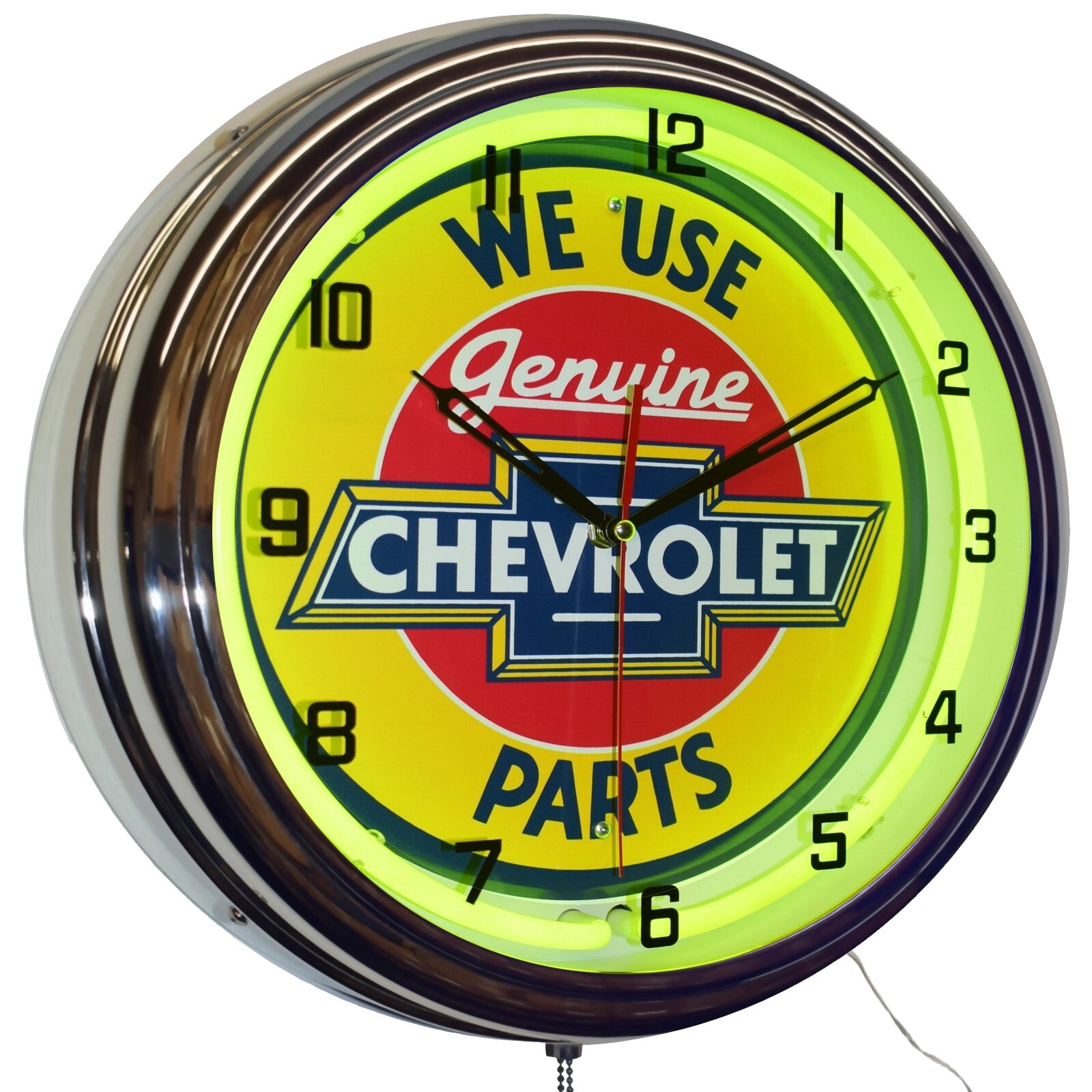 16" We Use Genuine Chevrolet Parts Sign Neon Clock Garage Decor (Yellow)