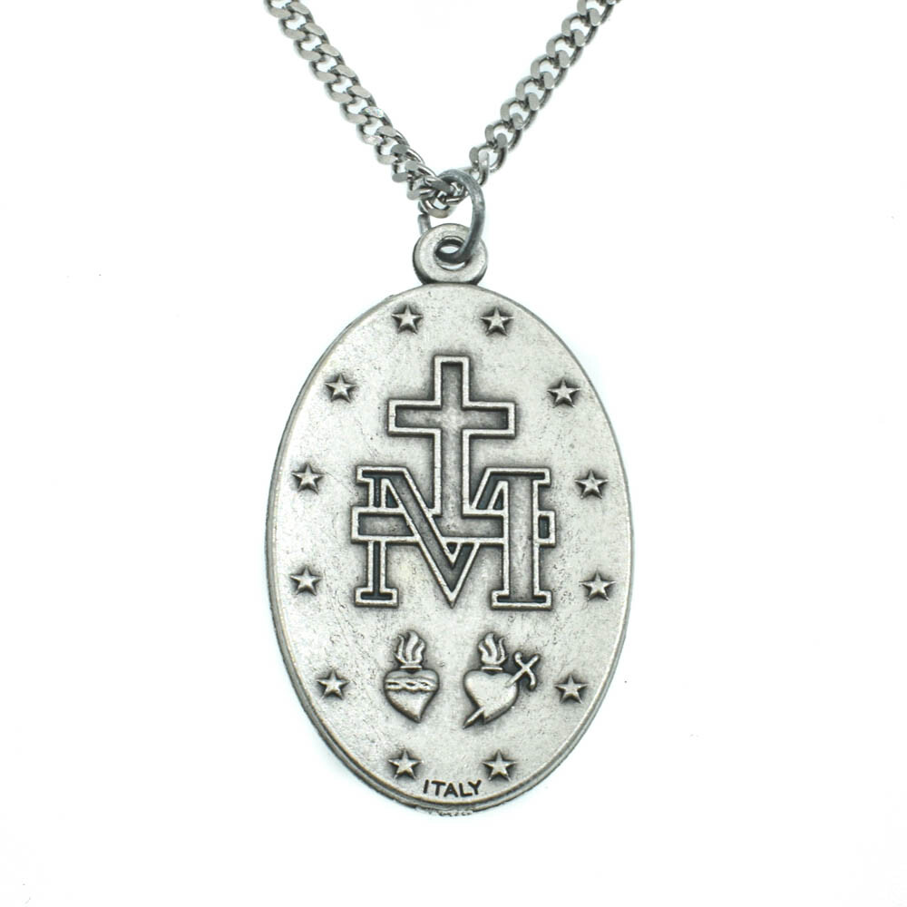 Large 1 3/4" Blue Miraculous Medal Mary Pendant Necklace Italy w 24" Curb Chain