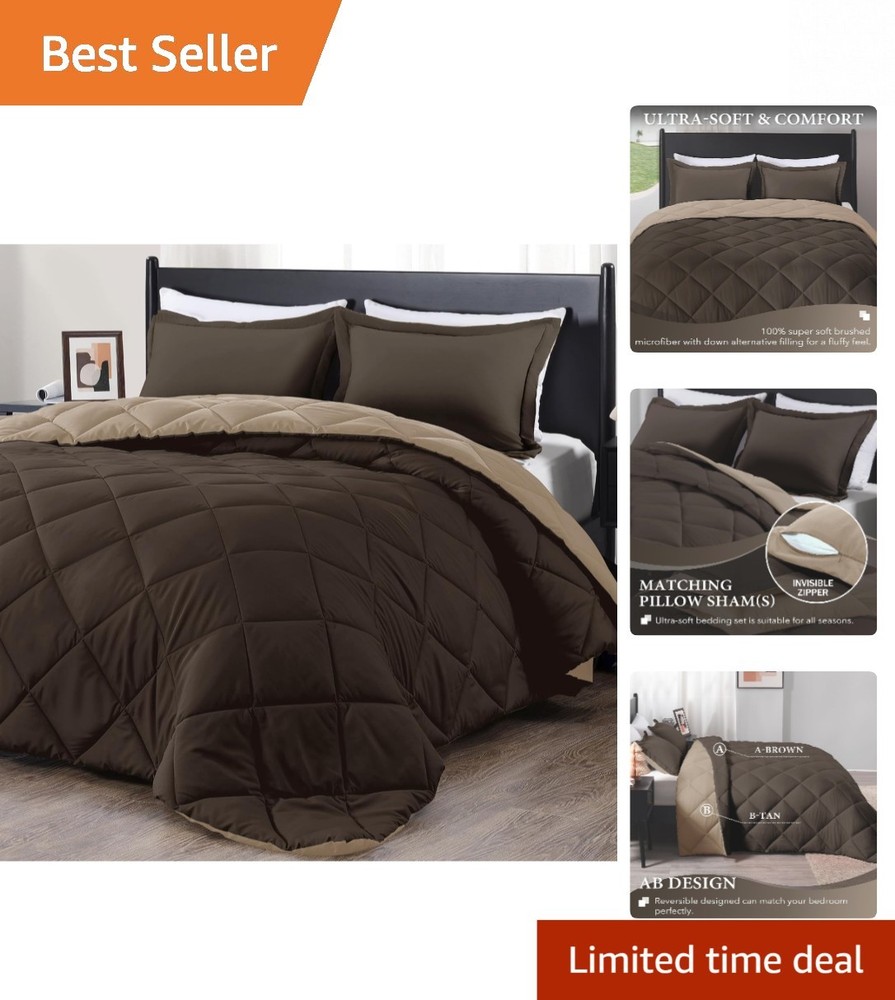 Modern Brown and Tan King Comforter Set - Soft Microfiber for -Round Use