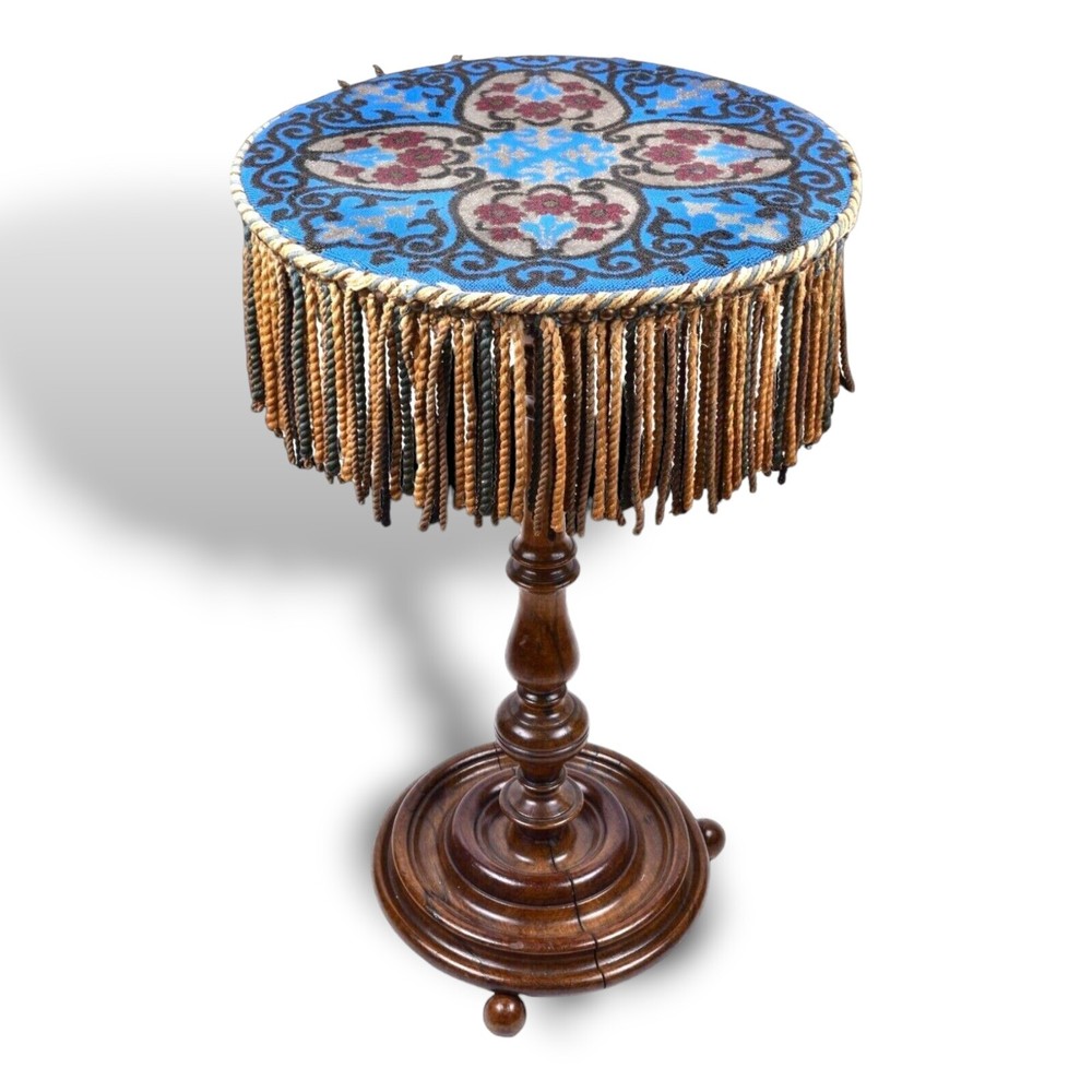 Antique Walnut Side Table with Micro Beaded Top Hand Needlework