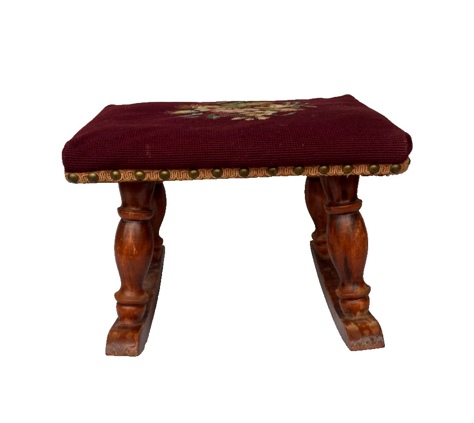 Antique Victorian Flowers Needlepoint Footstool Rocking Ottoman Vintage - Rare!!