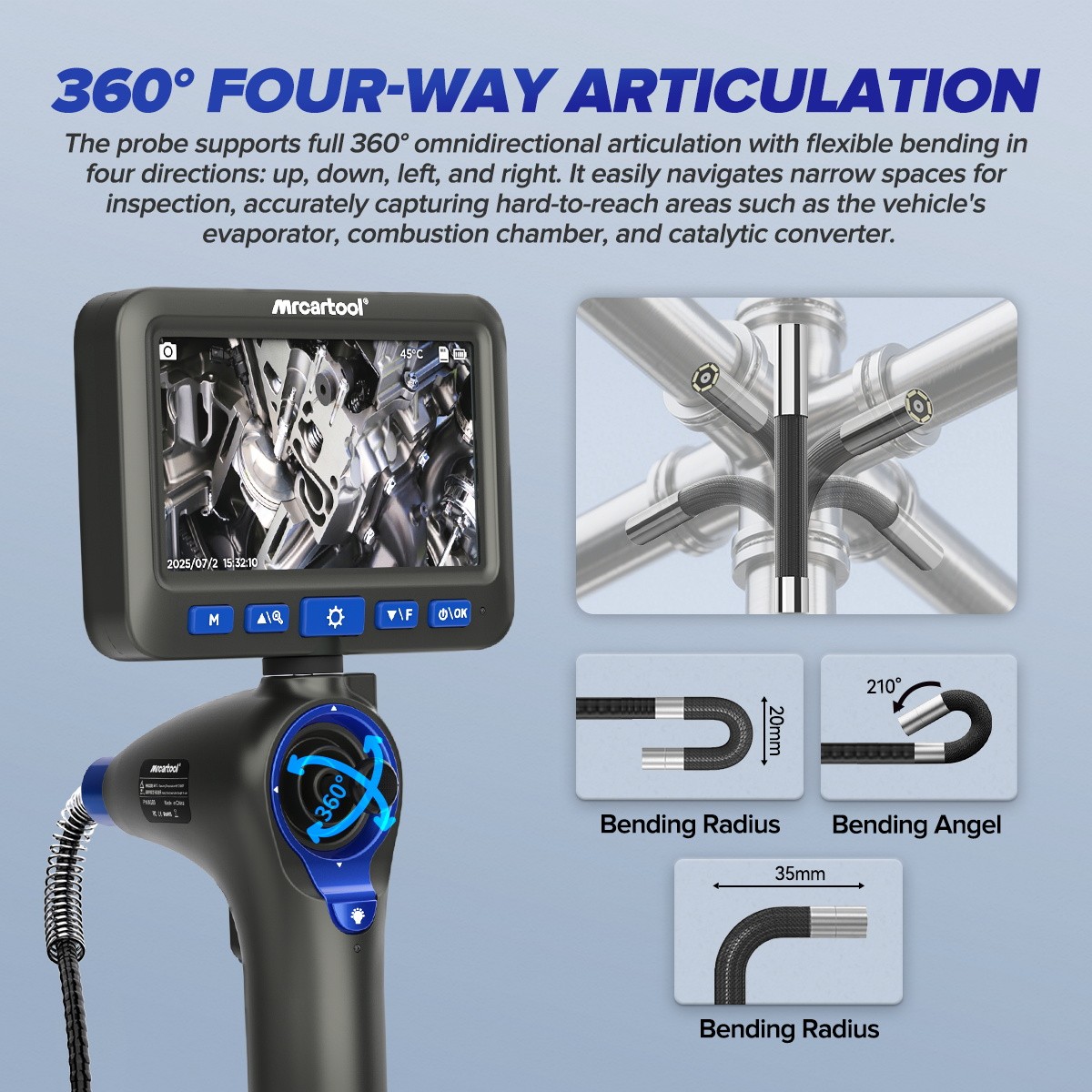 4 Way 360° Articulating Borescope Industrial Endoscope Camera Detachable Screen