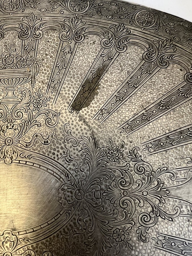 2 Vintage Silver-plate Round Oval Scroll Etched Trivet Hot Pad Plates Felt Back