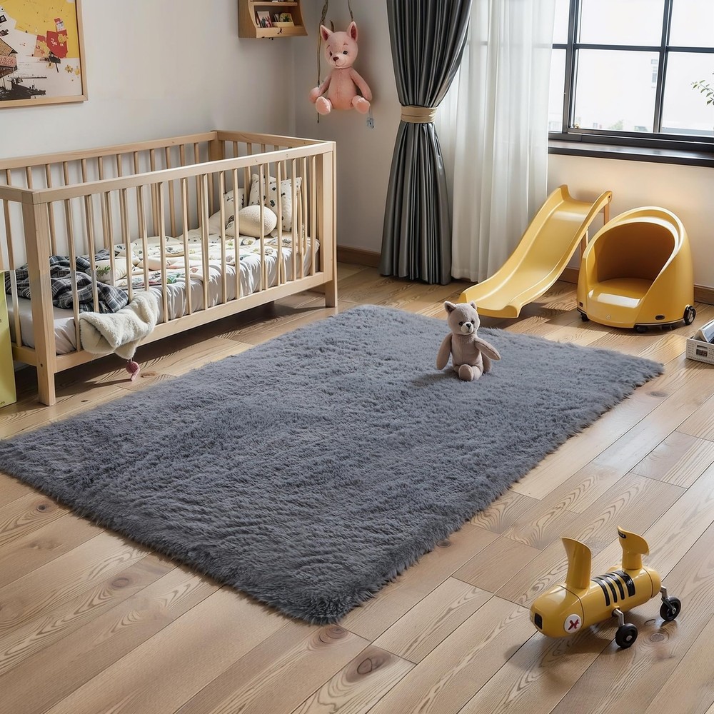 KICHOWUA 3x5 Grey Fluffy Shag Rug for Bedroom 3' x 5' (Rectangular),
