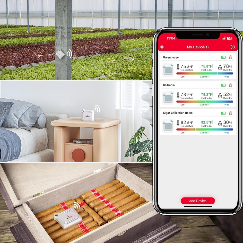 Bluetooth Thermometer Hygrometer, 260FT Range Temperature Sensor Greenhouse T...