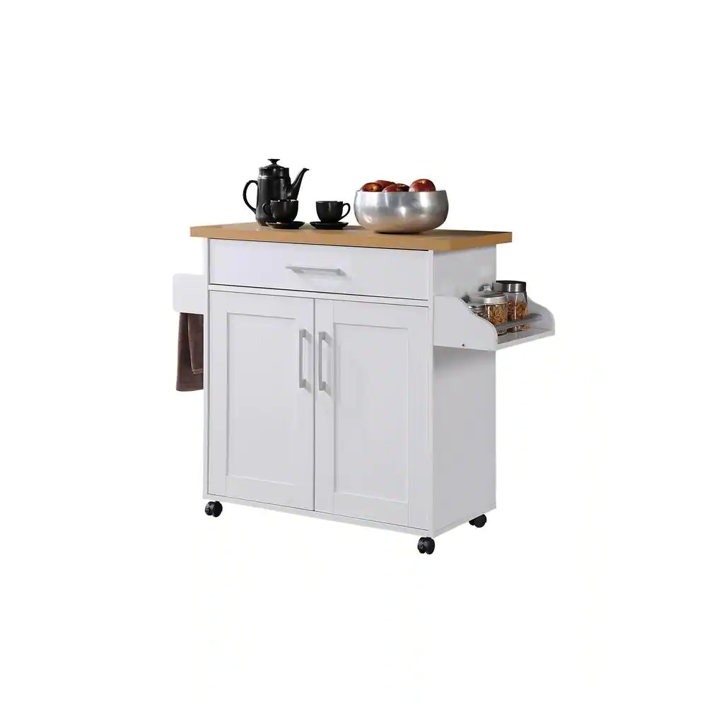 White Kitchen Island with Spice Rack and Towel Holder