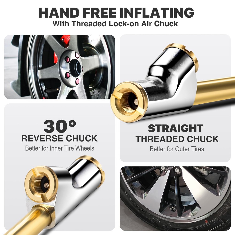 2 Pack 12" Extended Reach Dual Head Air Chuck, 2-Way Connection Solid Brass
