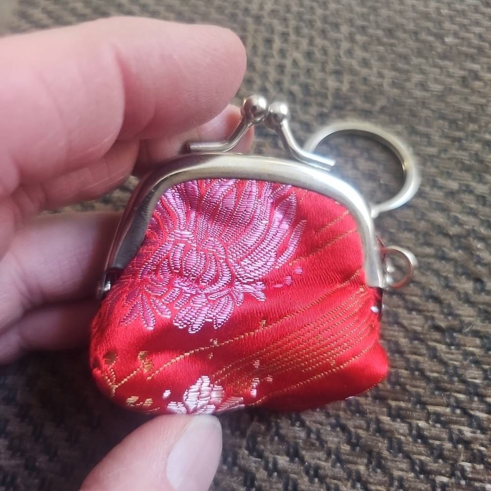 Vintage Red Flowered Change Purse Keychain
