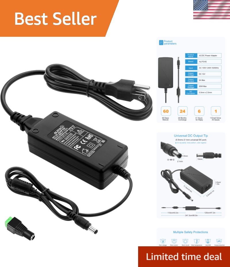Versatile 12V 5A Power Adapter with Safety Features for Electronics - Indoor Use