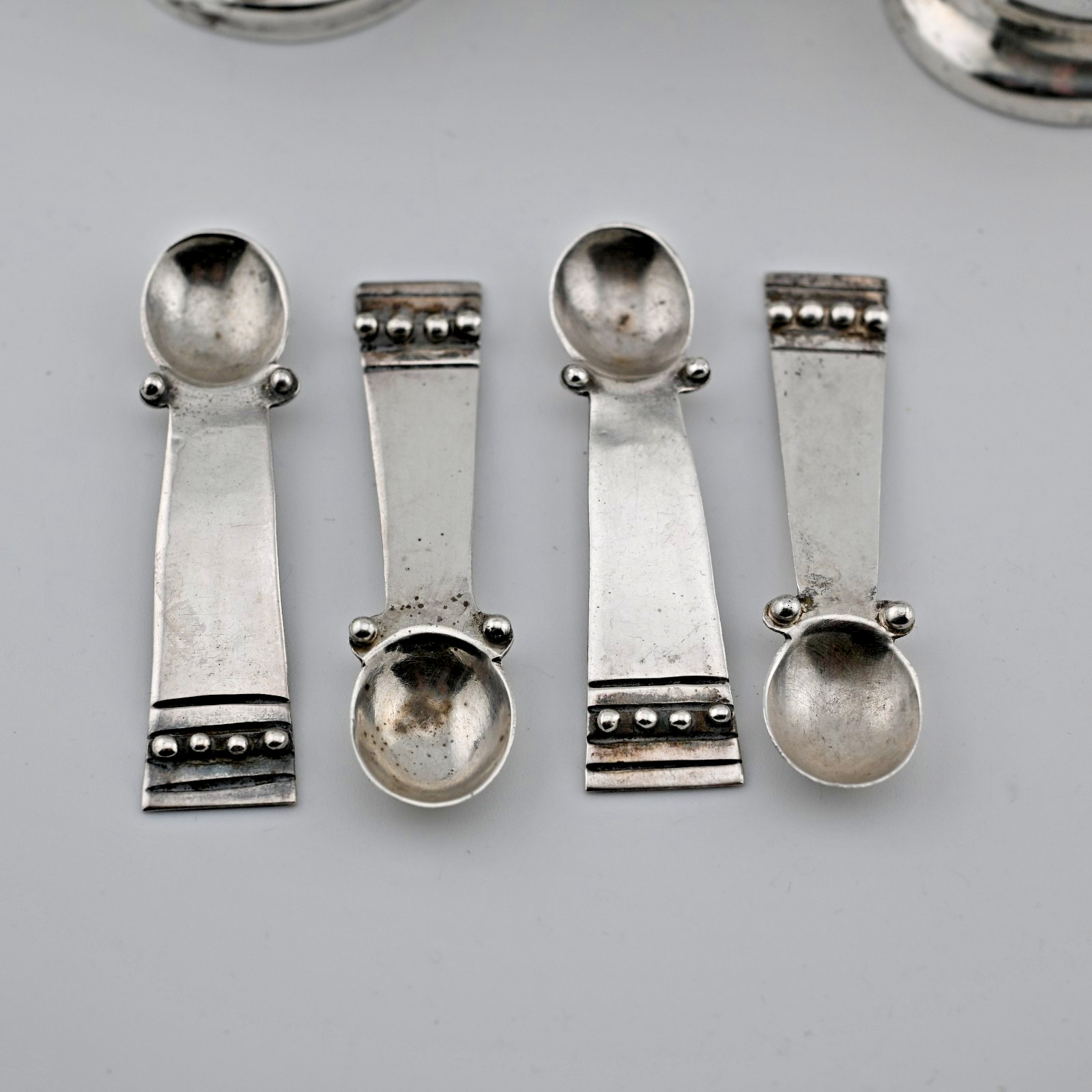 RARE 4 Mexican Sterling Silver William Spratling Salt Cellars / Dishes & Spoons