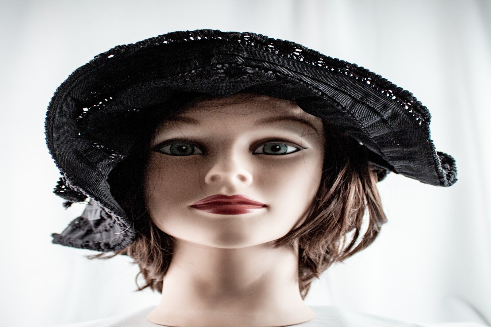 1950's Vintage Black Lace Cotton Women Floppy Bucket Hat Size M 7.1/8