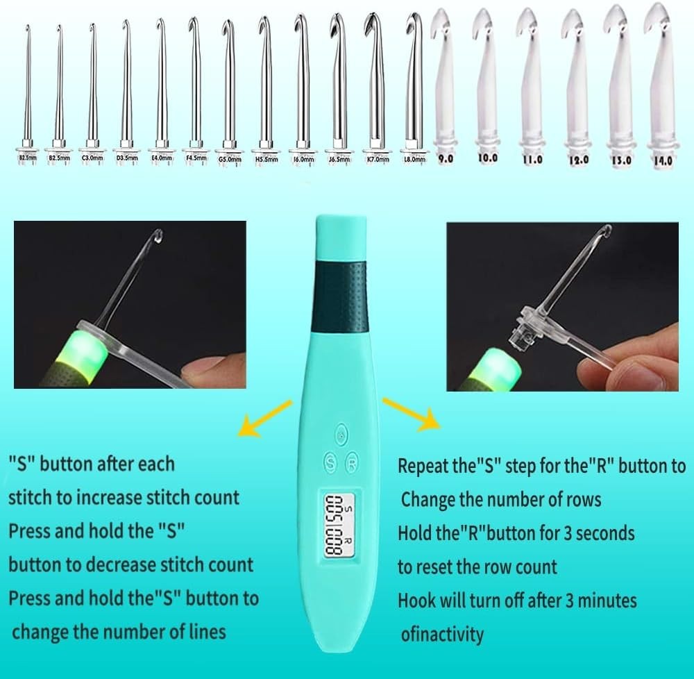 18 Size Counting Crochet Hooks with Light, Digital Counter Crochet Hooks Set wit