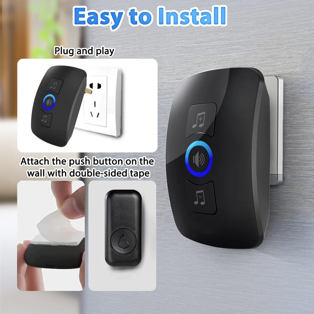 Waterproof Wireless Doorbell Adjustable Volume 2 Plugin Receiver 3 Bell Button
