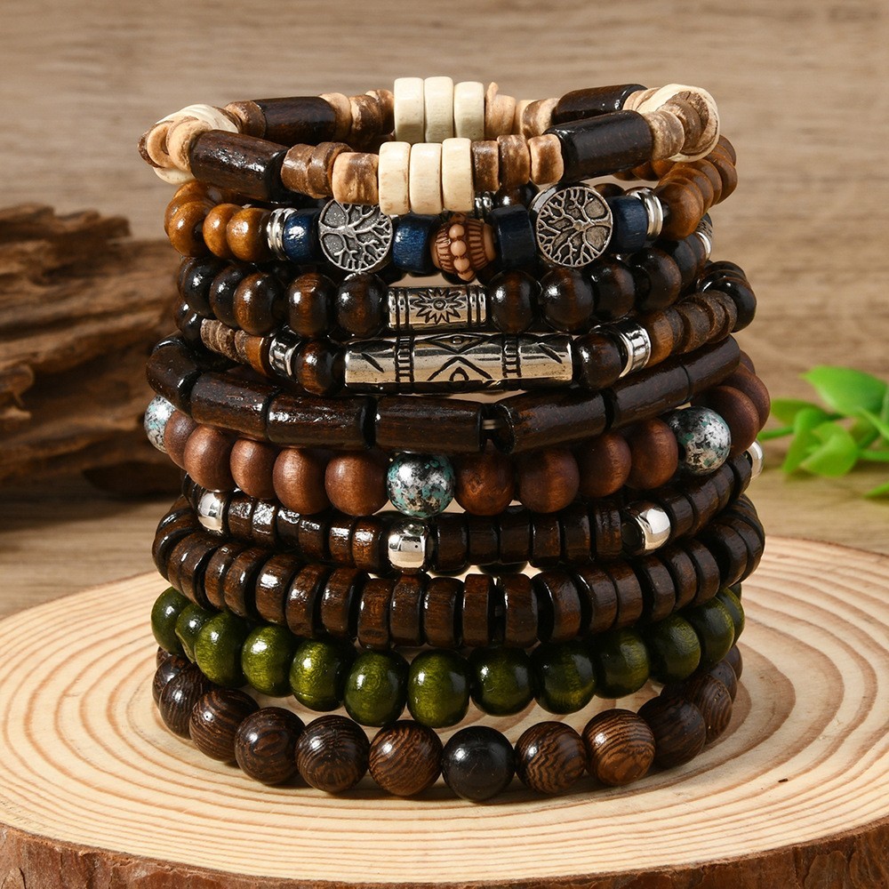 10pcs Bracelet Multi-layer Elastic String For Men Retro Bracelet Wooden Bead