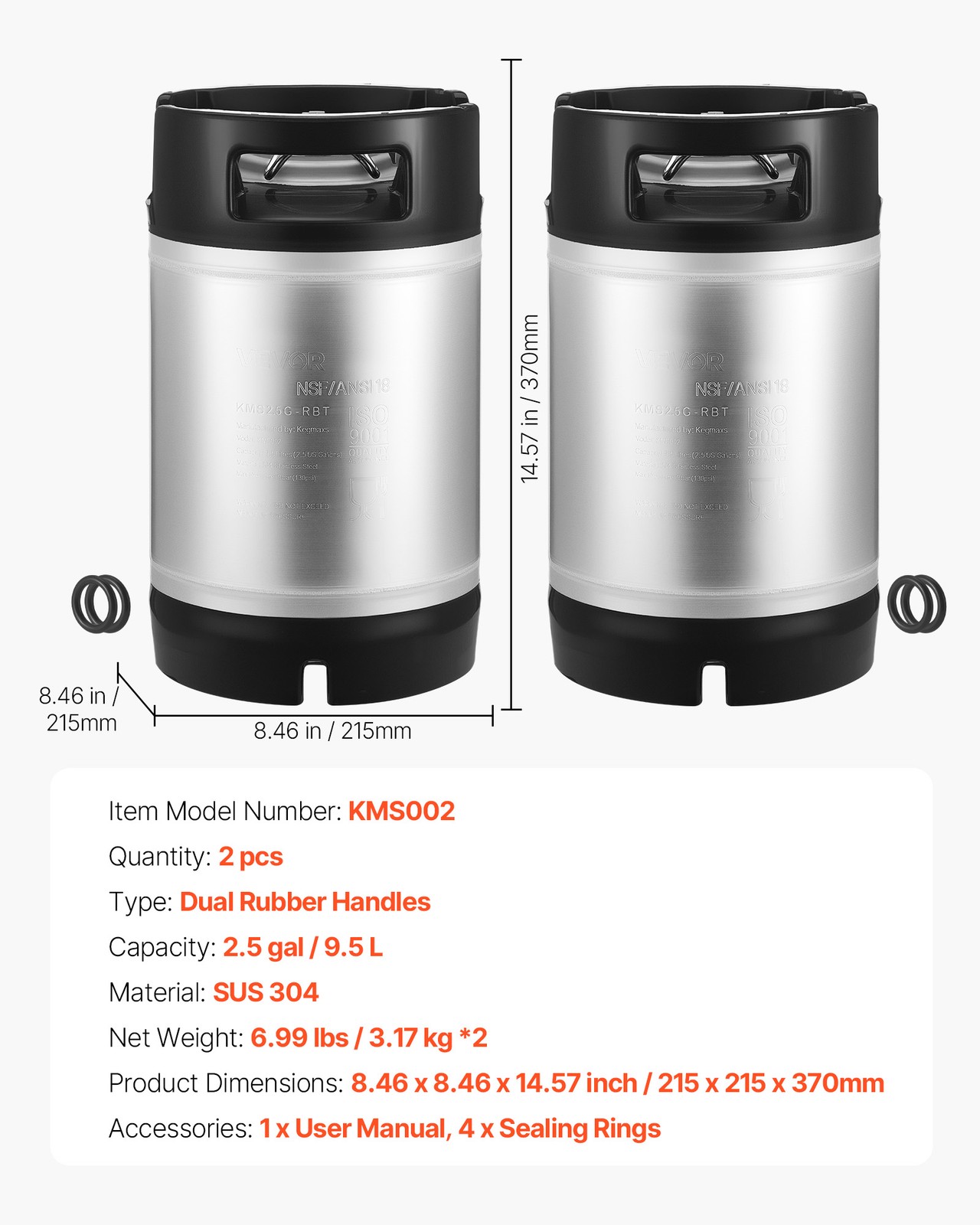 VEVOR Corny Ball Lock Keg 2.5 Gallon Ball Lock Corny Keg Home Brew Kegs 2 PCS