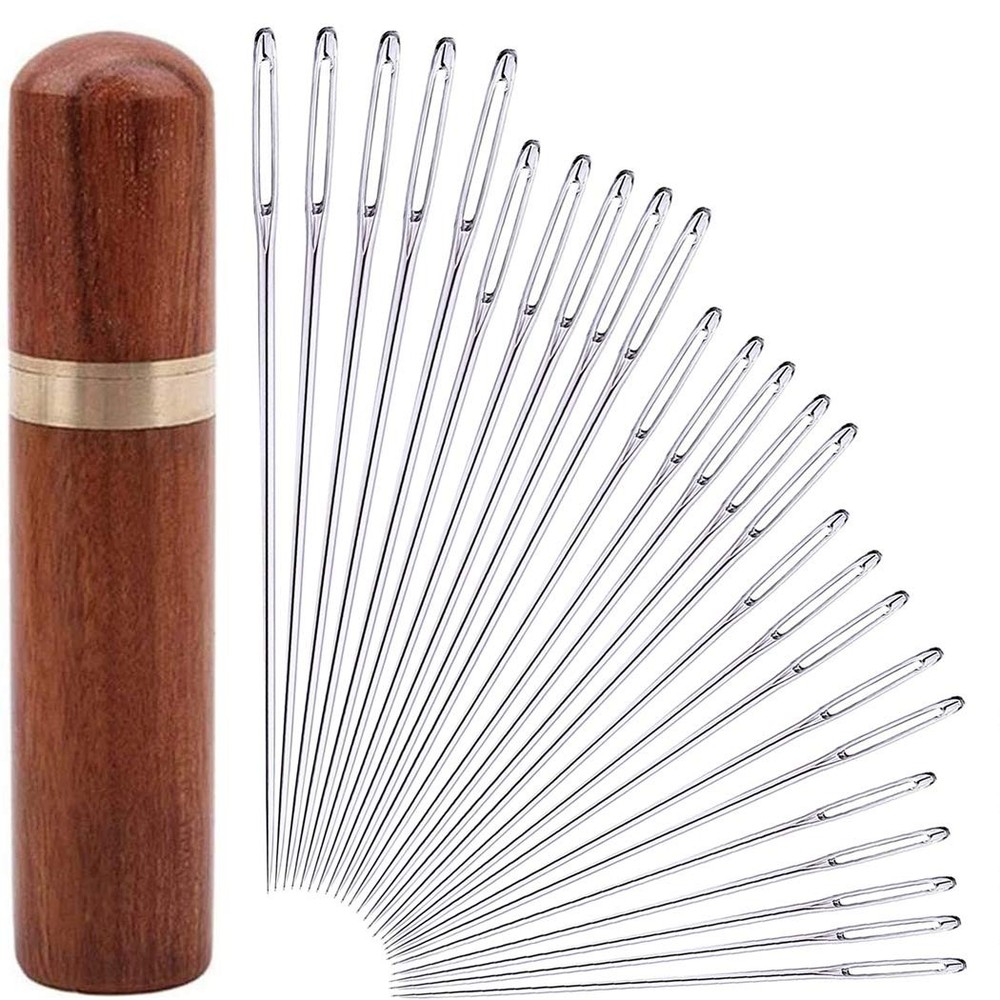 25Pieces Hand Sewing Big Eye Needles Sharp Needle，with Solid Wood Needle Case...