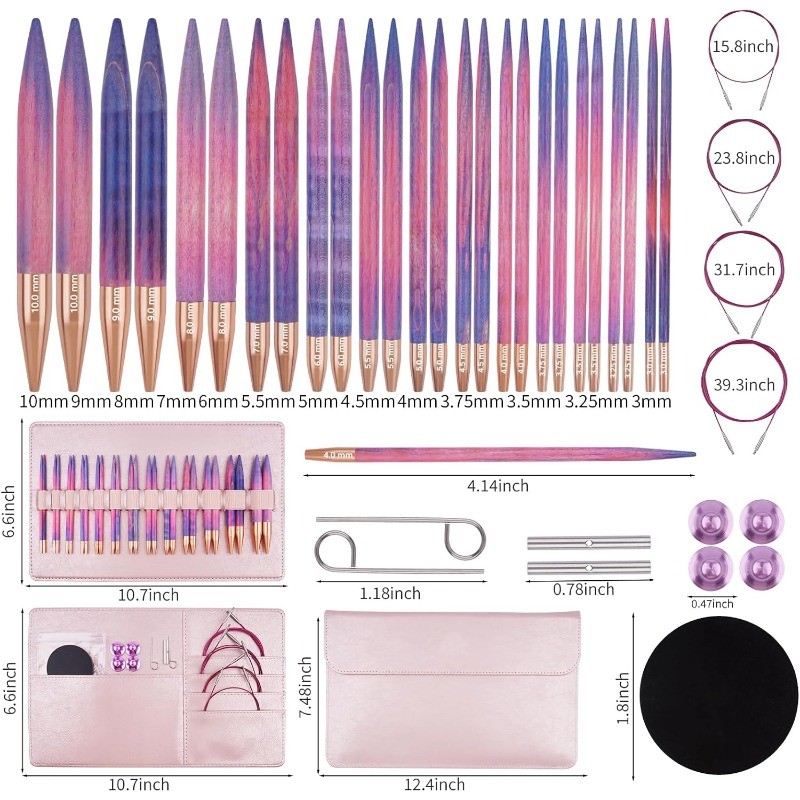 Circular Interchangeable Wooden Knitting Needles Set with Case Sizes 3mm, 3.25mm