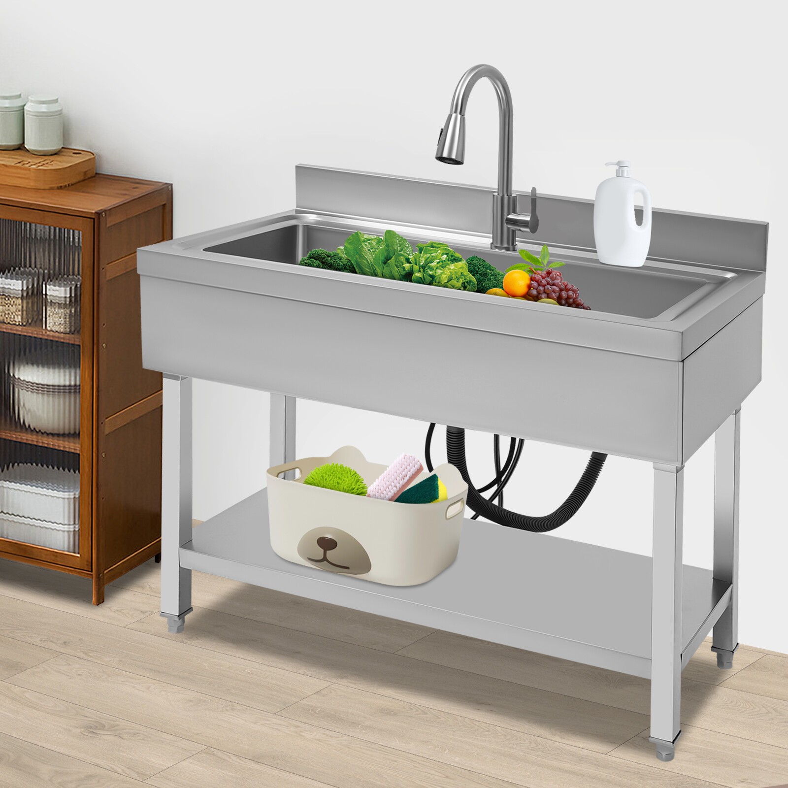 Commercial Sink Stainless Steel Utility Sink Single Bowl Kitchen Sink w/ Faucet