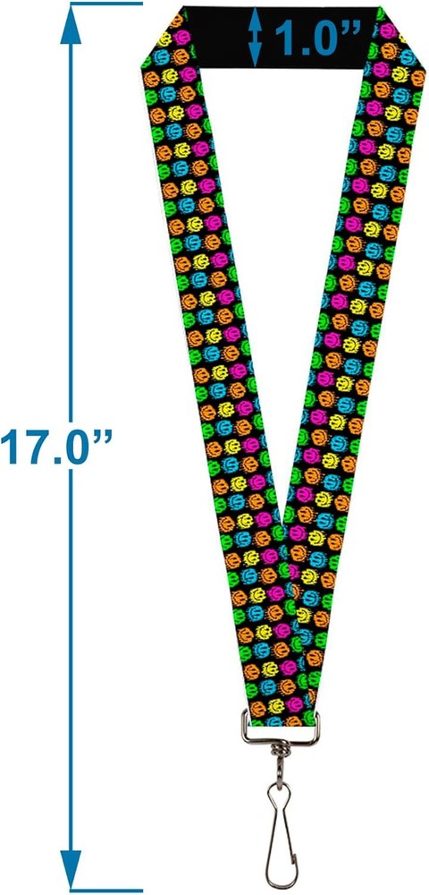 Buckle-Down Lanyard, Smiley Faces Melted Mini Repeat Black Multi Neon, Elastic