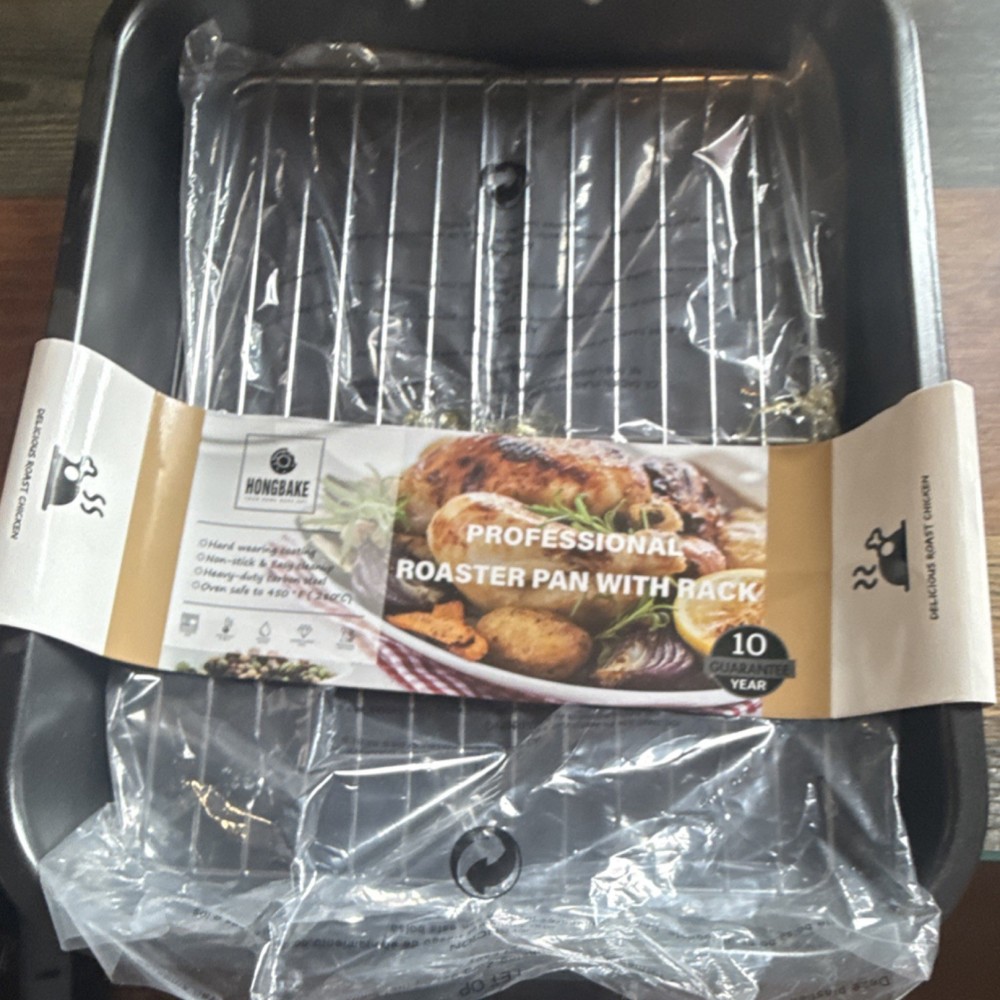 Hongbake Professional Non-Stick Roaster Pan with Rack, Rectangle, Dark Grey