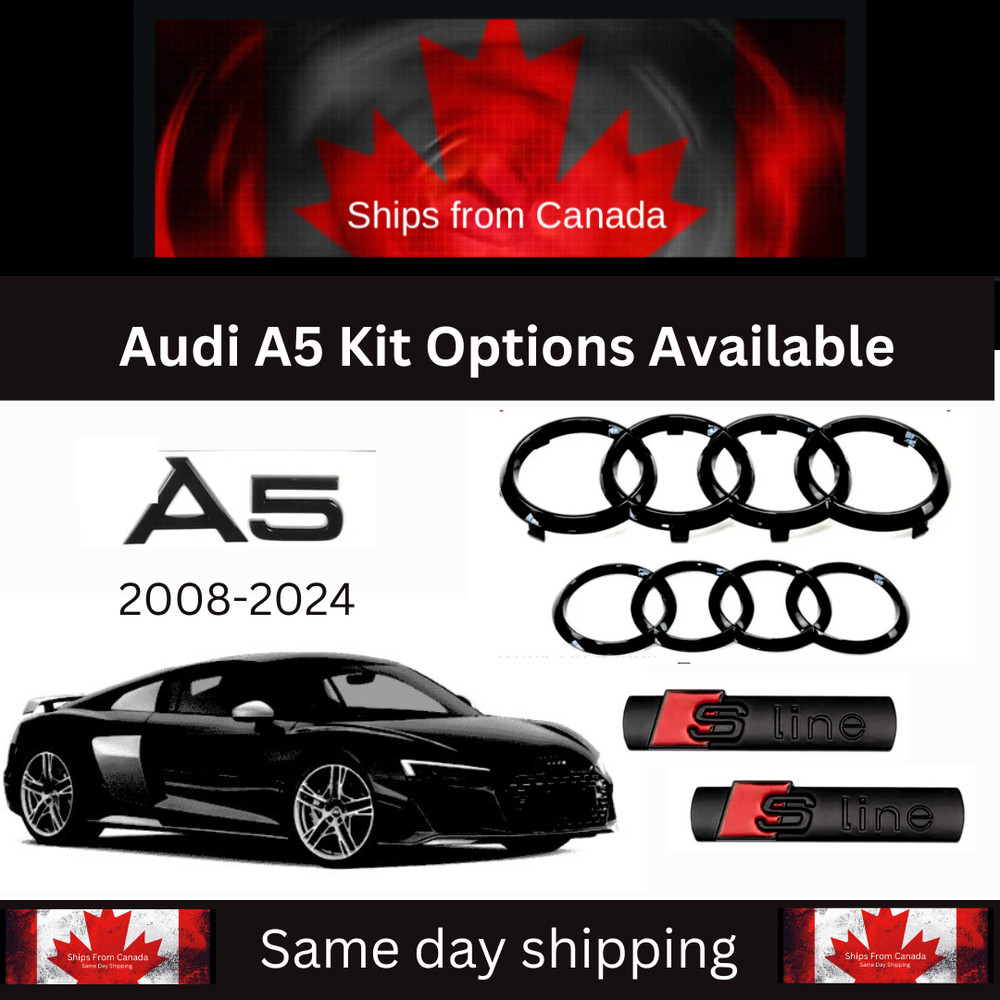 AUDI A5 Emblem Gloss Black, Front Grille Rear Trunk Ring Set 2008-2024