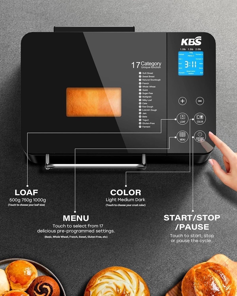 710W 2LB Convection Bread Maker with Auto Nut Dispenser & Touch Panel