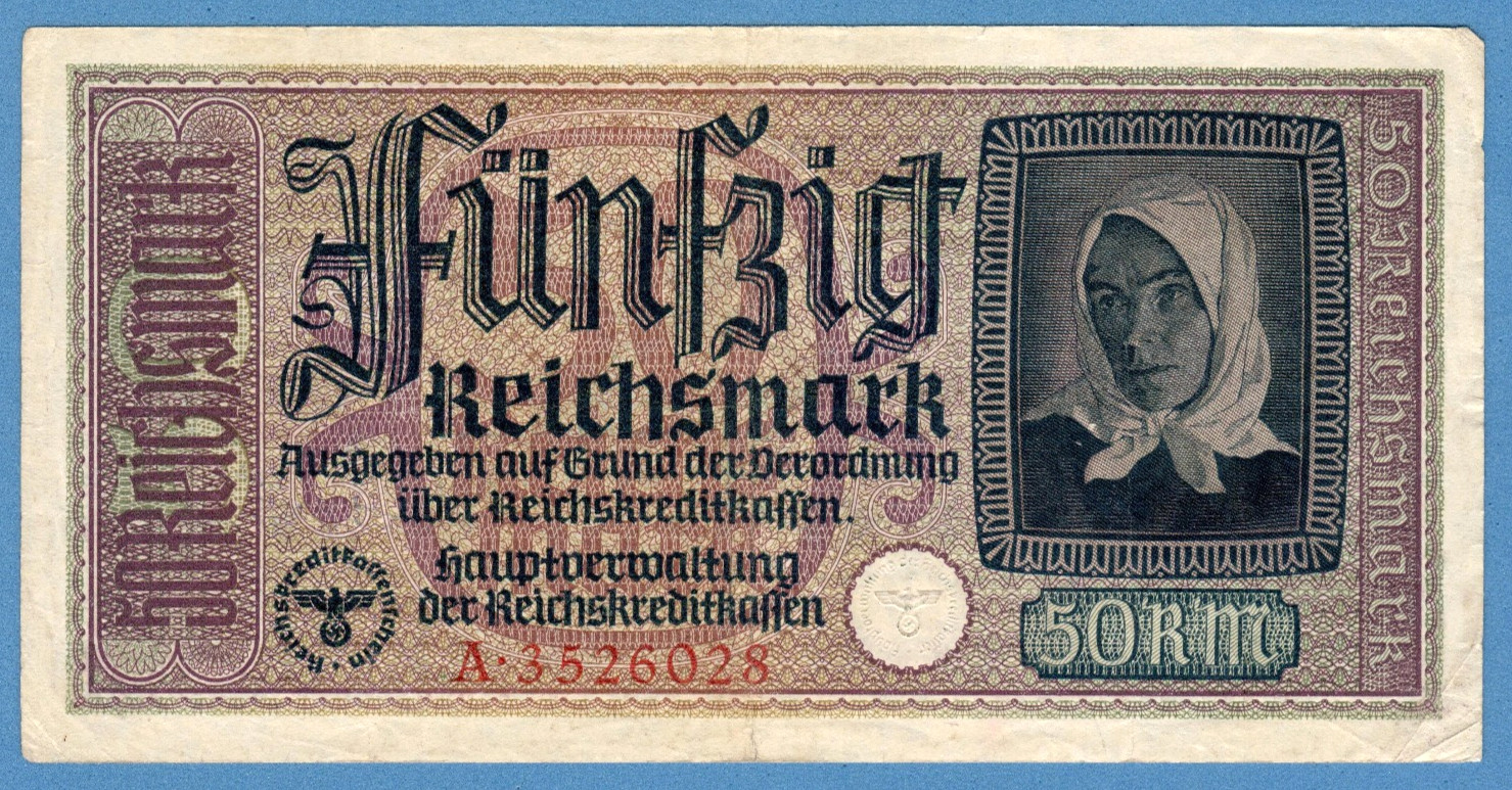 1940-45 GERMANY OCCUPIED TERRITORIES 50 RM EAGLE W/H SWASTIKA VF 1479