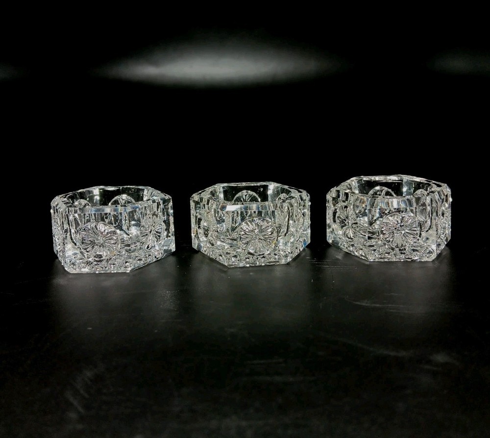 3 EAPG Open Salt Cellar Hexagonal Daisy Button Vintage Crystal Glass Set