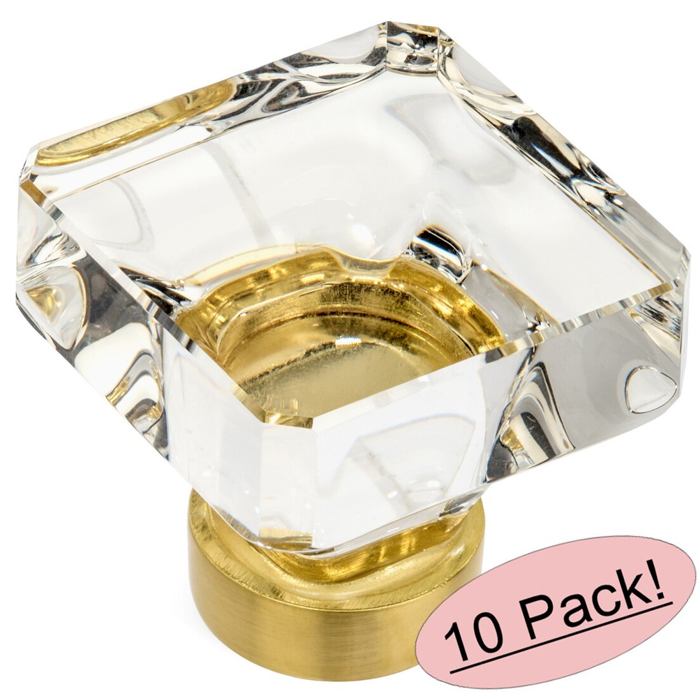 *10 Pack* Cosmas Brushed Brass & Clear Glass Square Cabinet Knobs #6377BB-C