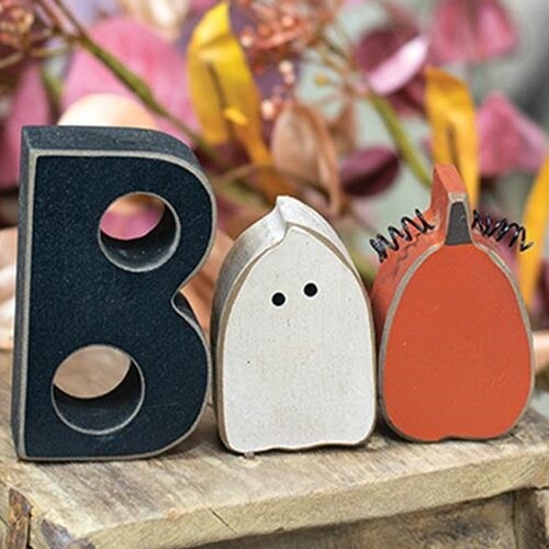 HALLOWEEN PRIMITIVE RUSTIC BOO WORD BLOCKS: GHOST, PUMPKIN