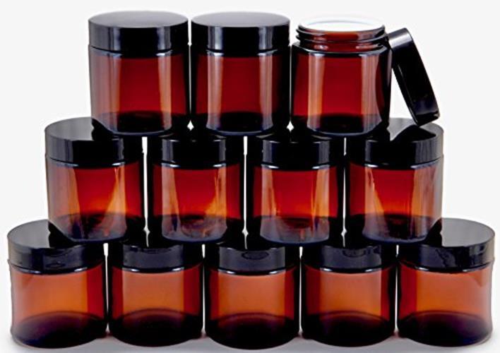 12 Pack 4Oz Amber Round Glass Jars With Inner Liners Black Lids Empty Glass
