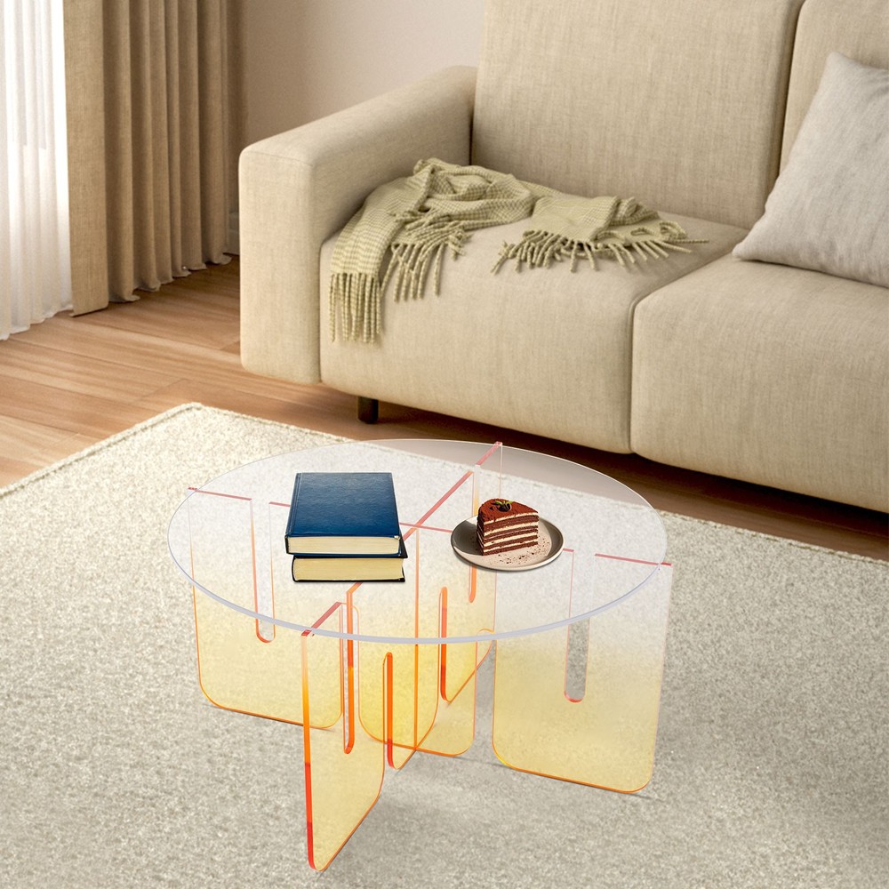 Round Acrylic Coffee Table Gradient Orange Modern Coffee Table with Clear Round
