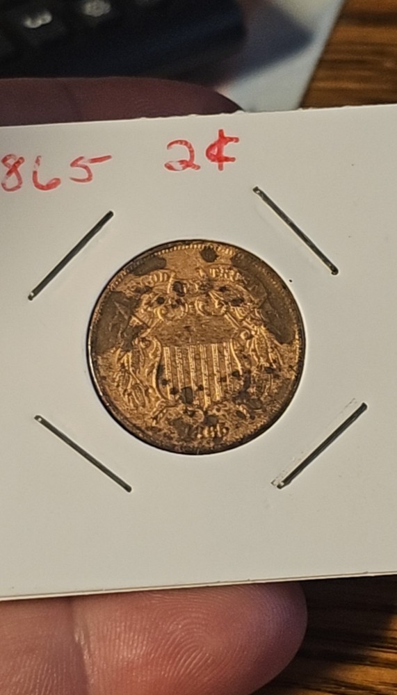 1865 Two 2 Cent Piece- Fancy 5, XF Details
