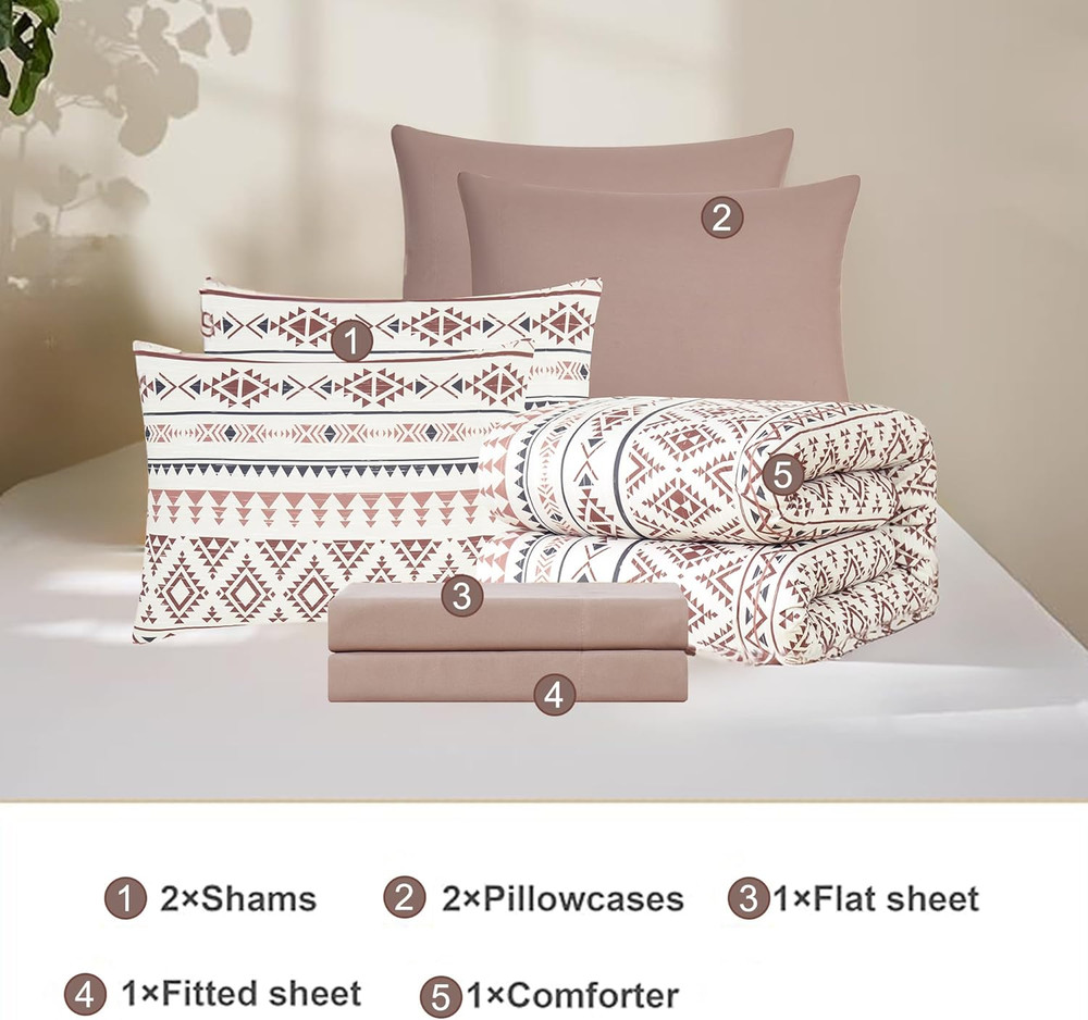Queen Comforter Set - 7 Pieces Reversible Bedding Set, Boho Bed in a Bag, Lightw