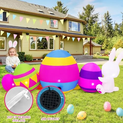 8.4FT Long Easter Inflatables with 3.2FT Adorable Bunny & Easter Colorful Eggs