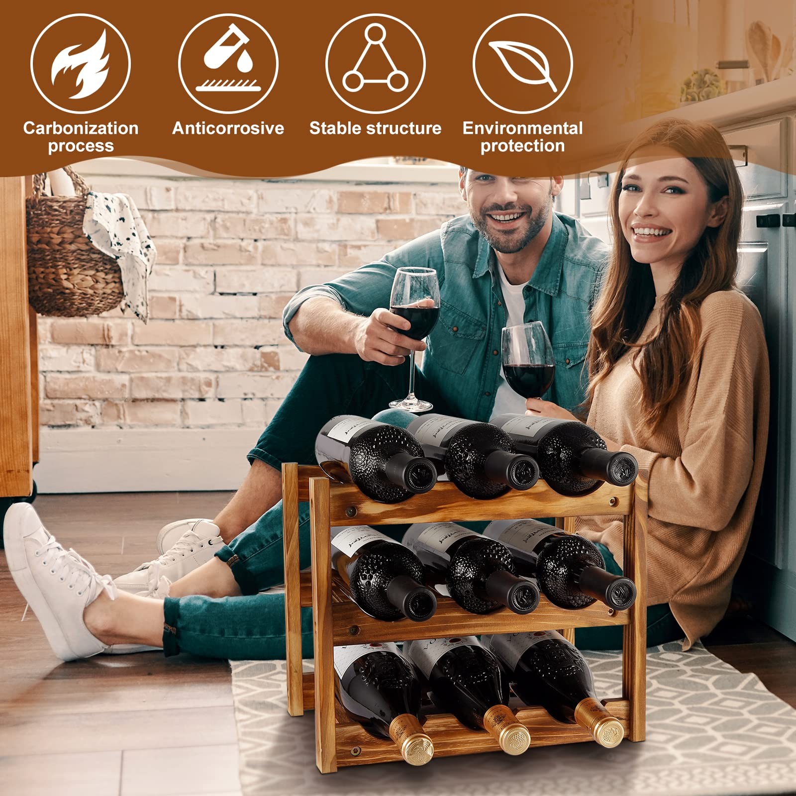 Wine Rack 9 Bottle 3-Tier Wood Wine Storage Easy-Assembly Space-Saving for Wine