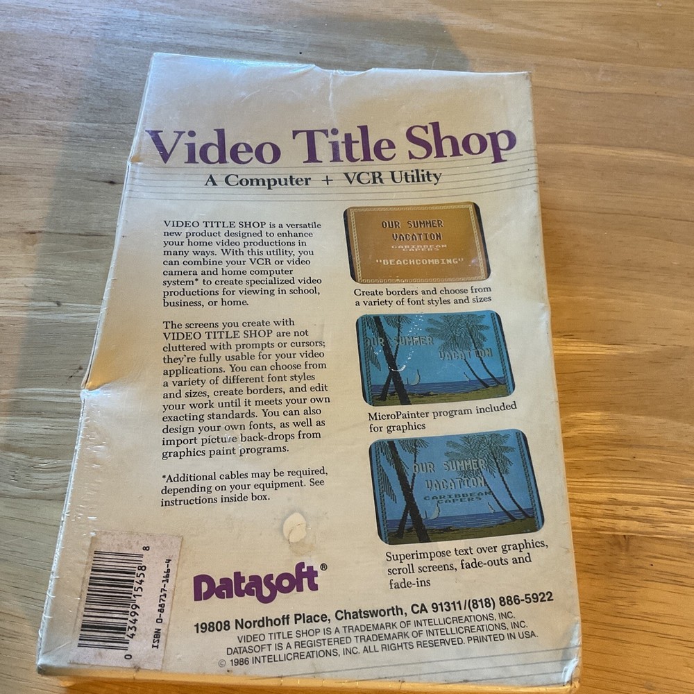 Video Title Shop A Computer & VCR Utility by Datasoft for Atari 64K 1987