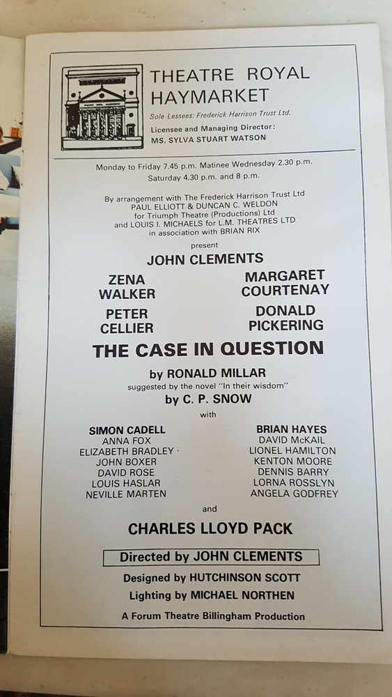 Theatre Programme The Case In Question John Clements Zena Walker Peter Cellier