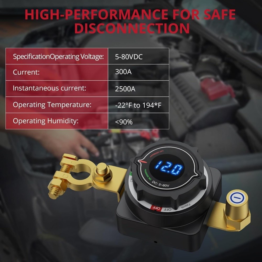 Battery Disconnect Switch, 5V-80V Side Post Battery Switch with Voltage Display
