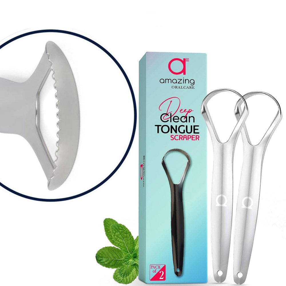 Deep Clean Tongue Scraper- Double-Ended - Flat + Serrated Edge Design, (2Pk)