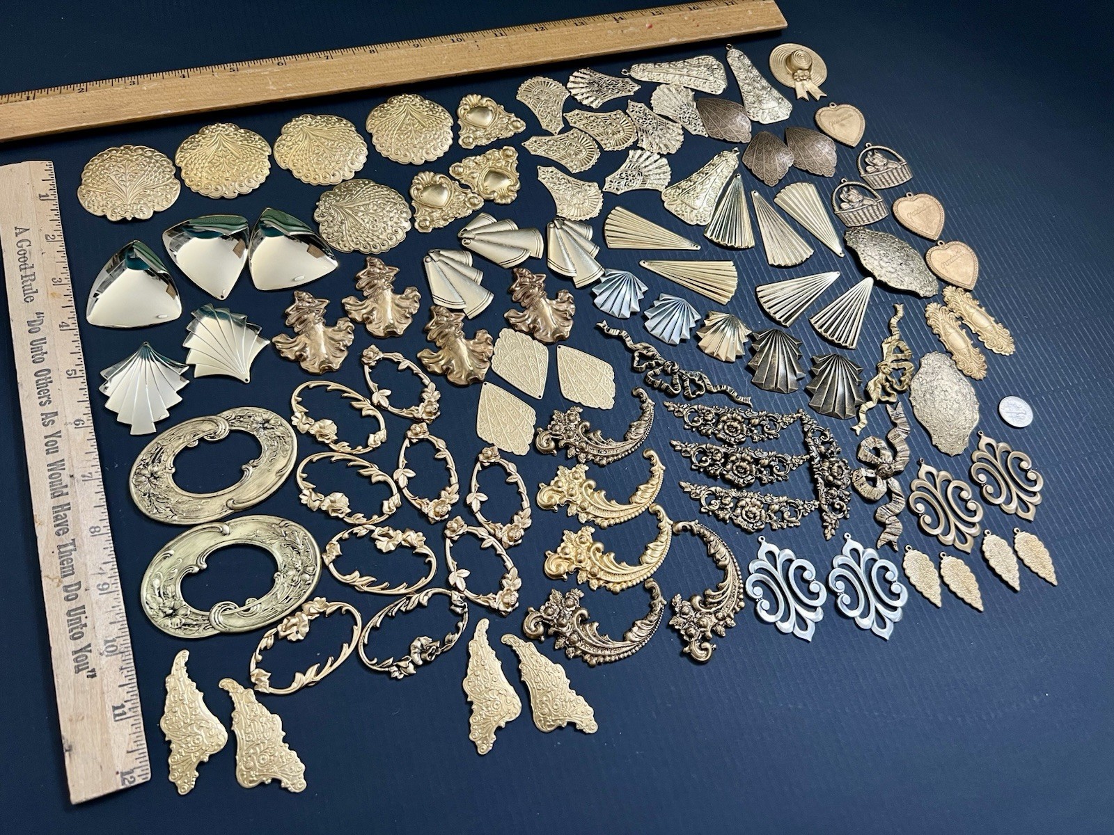 1 Lb + Vtg & New Metal Stampings Brass Gold Frames Settings Pendant Findings Lot