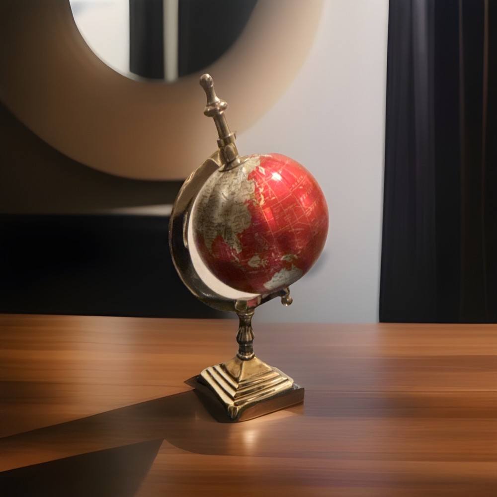 Decorative Red and silver Tabletop Globe with Rotating Metal Base