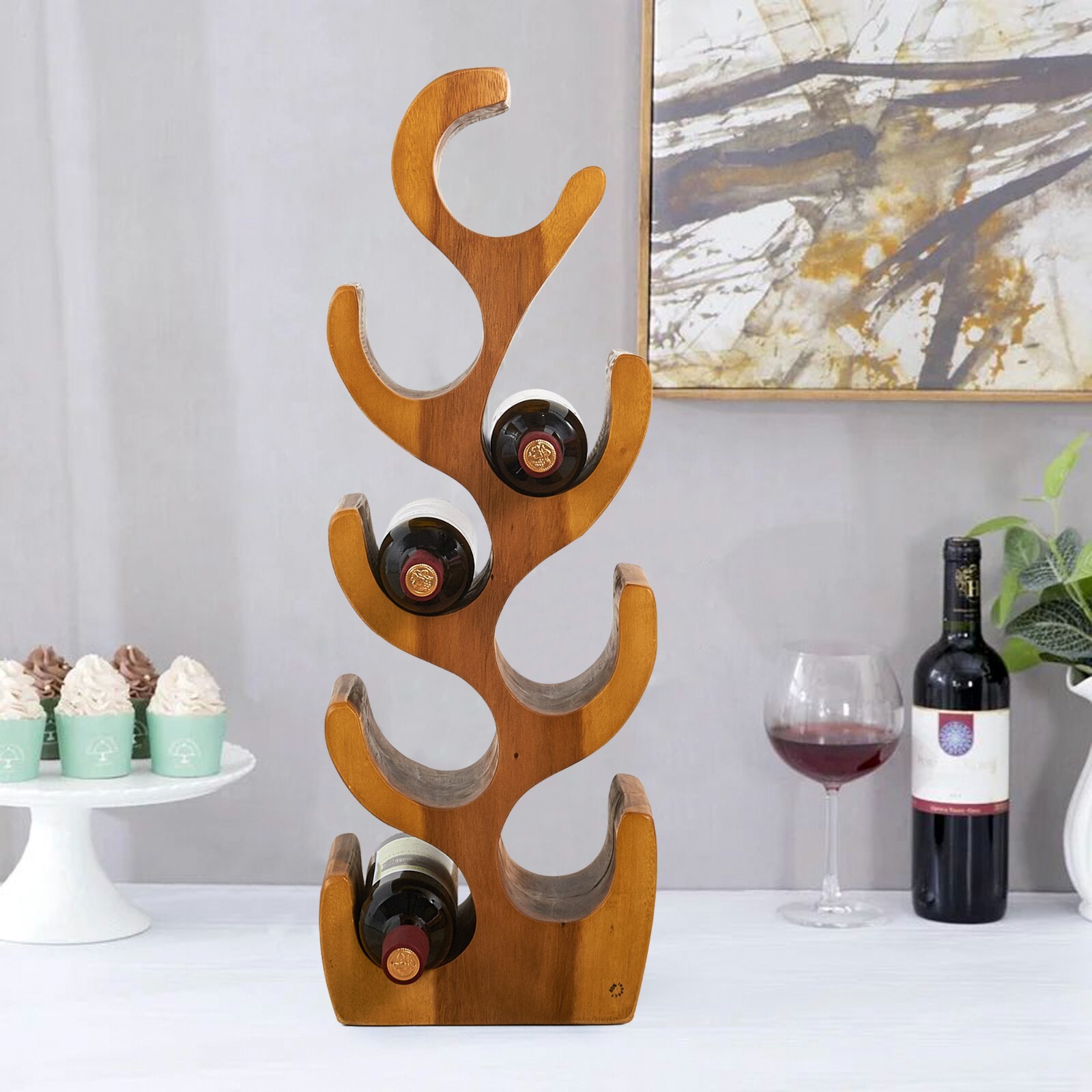 Hand-Carved Suar Wood Tree Shaped Wine Rack Bottle Holder Brown for 6/8/12