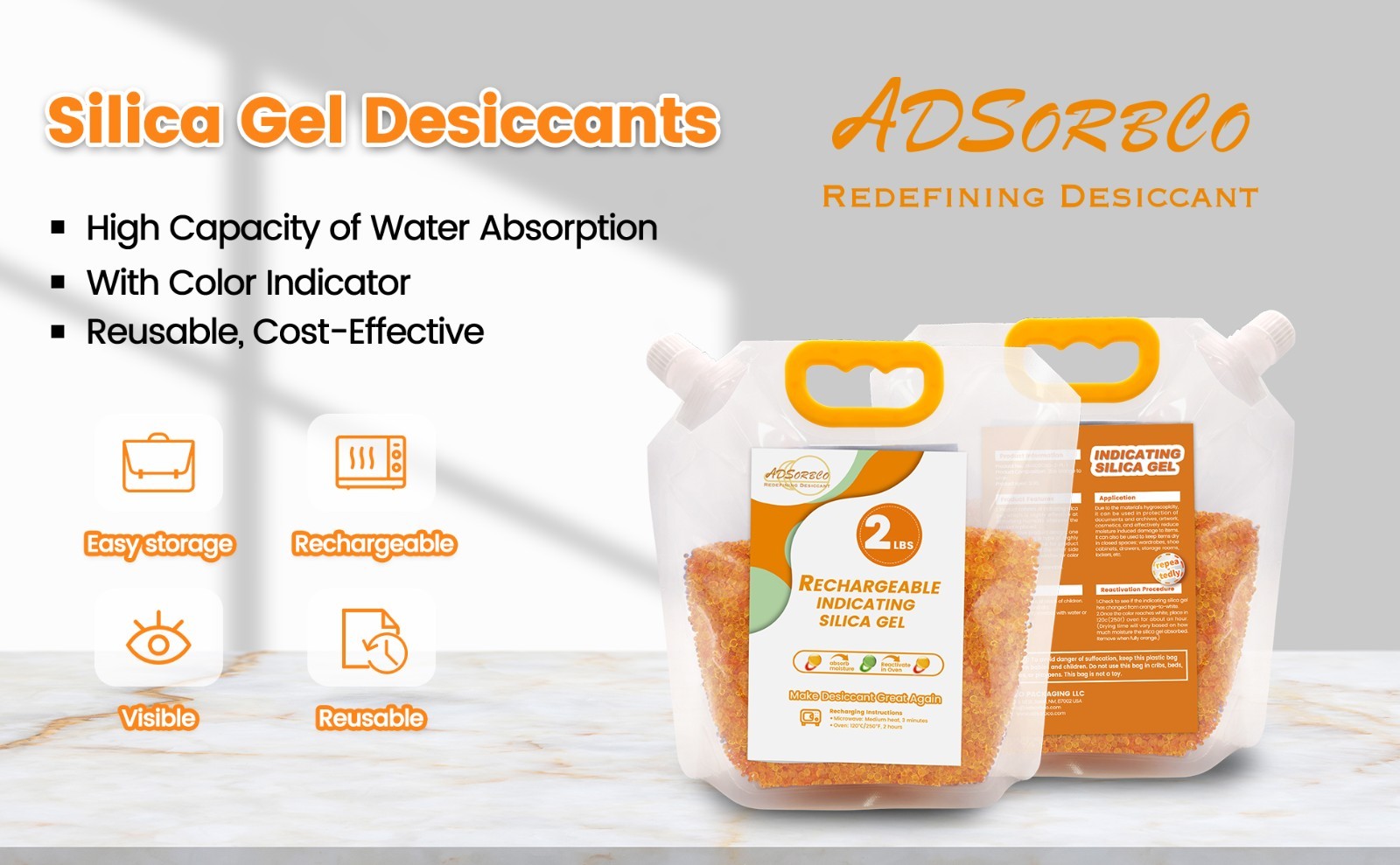 2 LBS Adsorbco Desiccant Beads, Indicating Silica Gel Beads (Orange to Green）