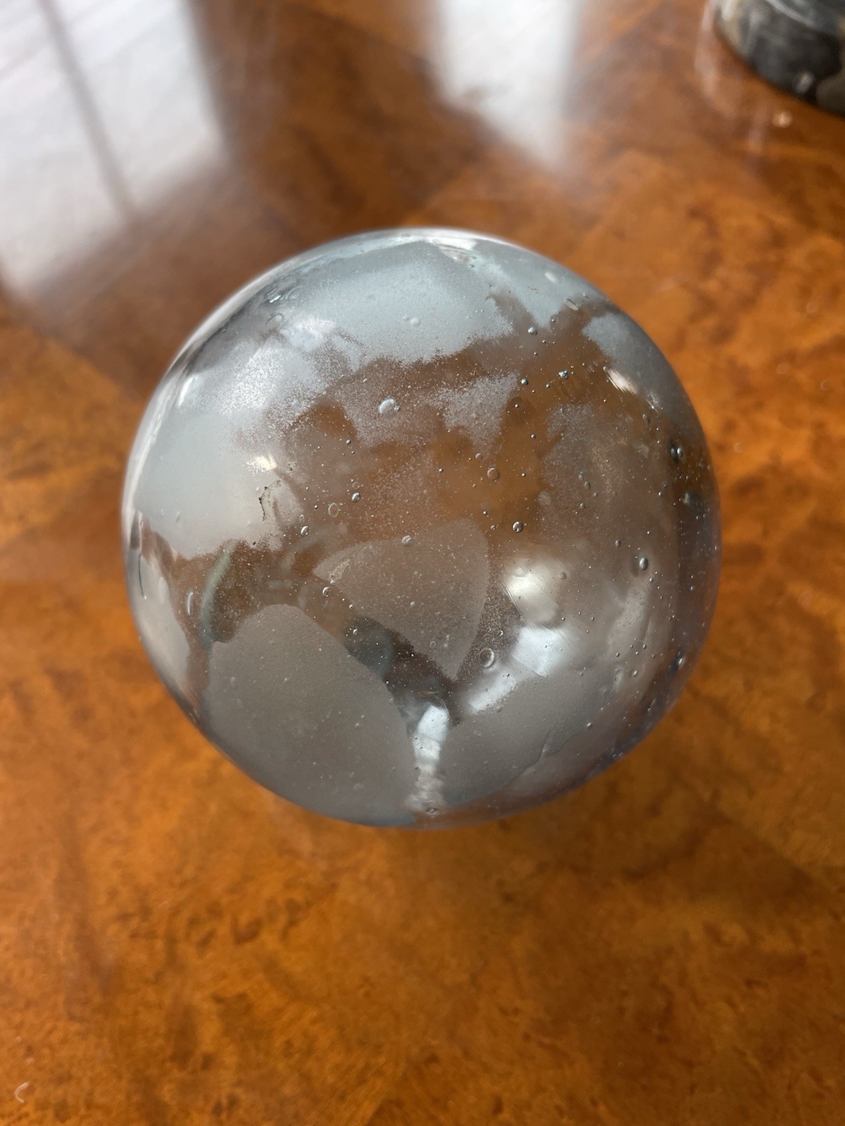 Antique Glass Fish Net Float With Rope Marks Teal Blue Color Wide Pontil