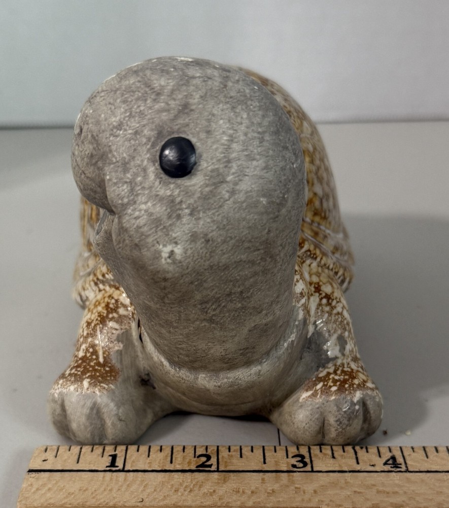 Ceramic Turtle Tortoise Figurine With Glazed Marbled Shell Clay Head Up