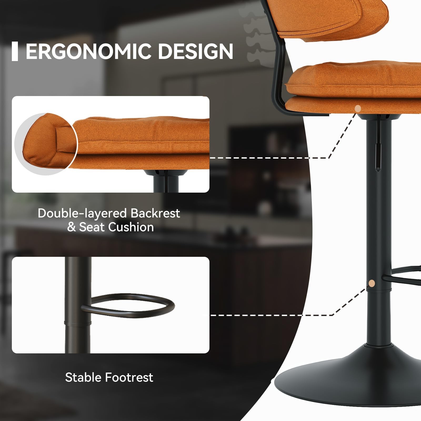 Modern Bar Stools Set of 2 Ergonomic Upholstered Swivel Adjustable Orange