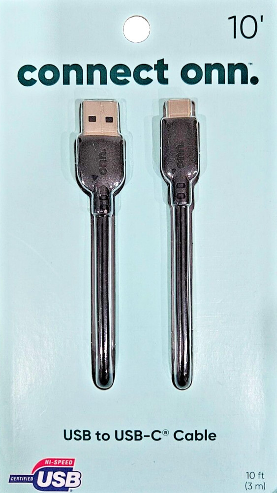 Onn. 10ft USB to USB-C Cable, Black, Compatible with USB-C Devices