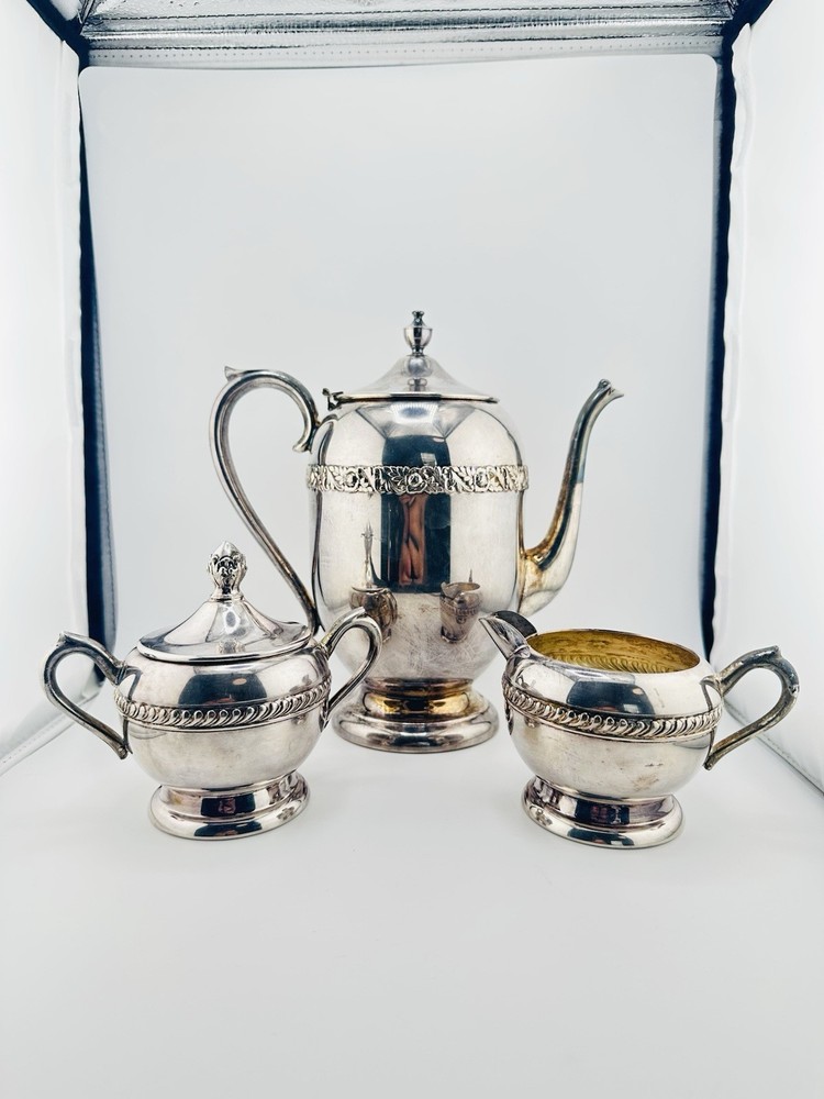 B Roger’s Silver Co. Silver Plate On Copper Coffee/Tea Pot Sugar & Creamer Set
